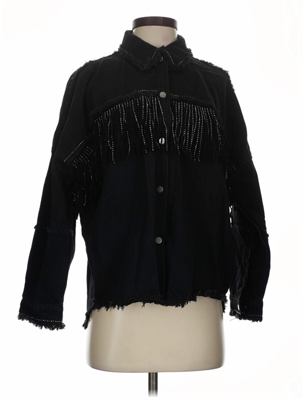 Zara Black Button-Front Fringe Studded Shirt